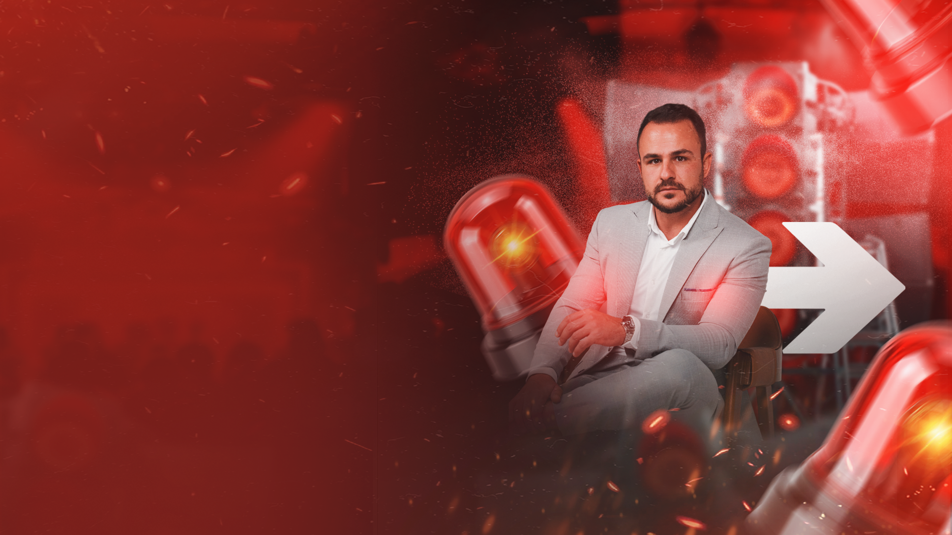 Banner com atmosfera de emergência, fumaça e luzes vermelhas
